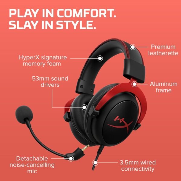 HyperX Cloud II Gaming Headset for PC & PS4 & Xbox One, Nintendo Switch, Red, Wired, One Size Headphones Headset - Image 4