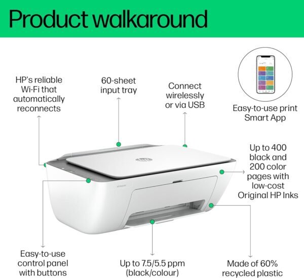 HP DeskJet Ink Advantage 2876 Wireless, Print, Scan, Copy, All-in-One Printer - Cement [6W7E6C] - White - Image 4