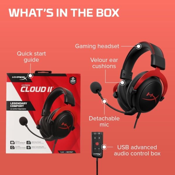HyperX Cloud II Gaming Headset for PC & PS4 & Xbox One, Nintendo Switch, Red, Wired, One Size Headphones Headset - Image 2