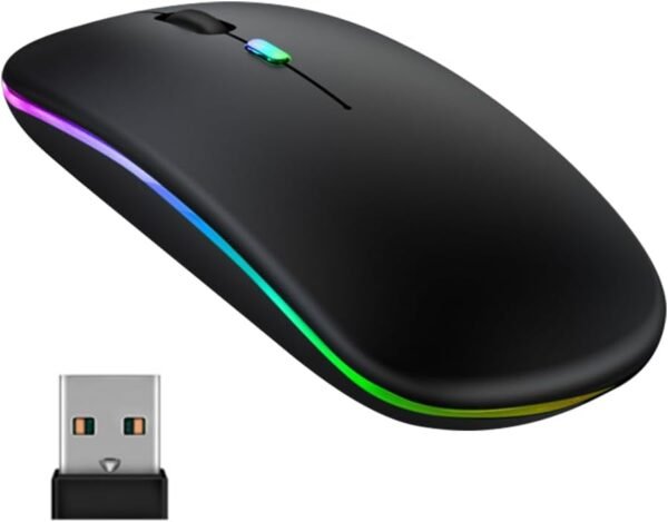 Wireless Rechargeable Mouse - 7 Colours Backlit Mouse with USB Receiver and Bluetooth 5.0 Wireless Mouse for Laptop, PC, Macbook, Notebook, Tablet, Black