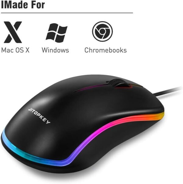 JITOPKEY USB Wired Mouse, Rainbow Lights Optical Corded Computer Mouse, Comfortable Click for Office and Home Mice, Compatible with Windows PC, Laptop, Desktop, Macbook, Chromebook(black) - Image 2