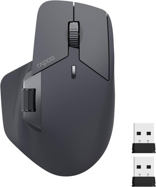 Rapoo MT760 Multi-Device Wireless Mouse, Bluetooth 5.0/3.0 and 2.4GHz Tri-Mode Connection, Up to 4 Devices, 11 Programmable Buttons, 4K DPI, Ergonomic Design, 90 Days Battery Life, PC, Matte Black
