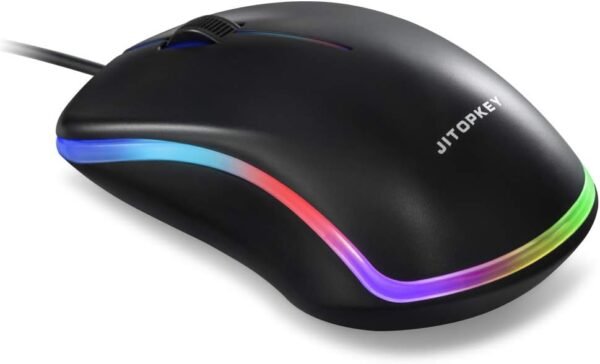 JITOPKEY USB Wired Mouse, Rainbow Lights Optical Corded Computer Mouse, Comfortable Click for Office and Home Mice, Compatible with Windows PC, Laptop, Desktop, Macbook, Chromebook(black)