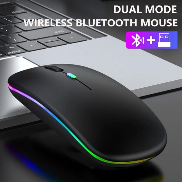 Wireless Rechargeable Mouse - 7 Colours Backlit Mouse with USB Receiver and Bluetooth 5.0 Wireless Mouse for Laptop, PC, Macbook, Notebook, Tablet, Black - Image 3
