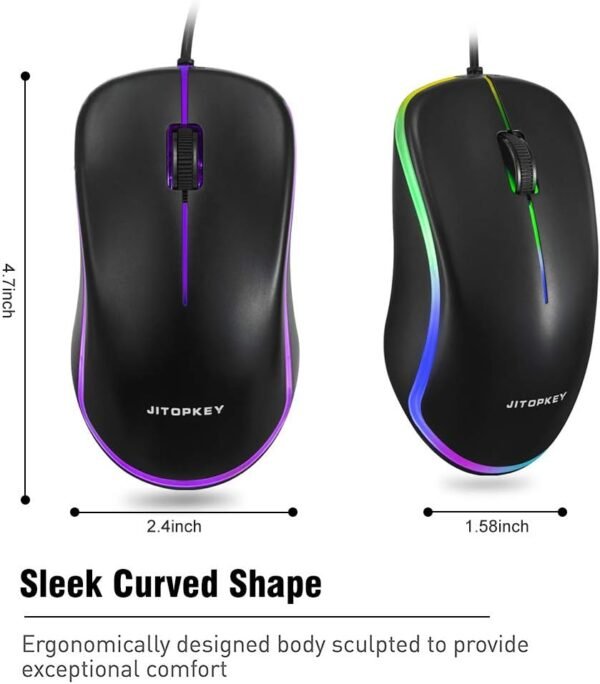 JITOPKEY USB Wired Mouse, Rainbow Lights Optical Corded Computer Mouse, Comfortable Click for Office and Home Mice, Compatible with Windows PC, Laptop, Desktop, Macbook, Chromebook(black) - Image 3
