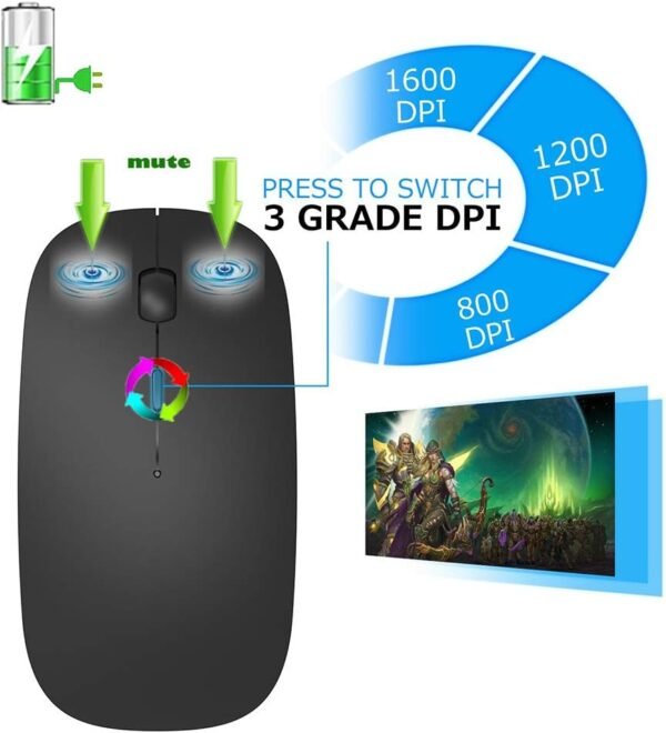 KLO Rechargeable Bluetooth Mouse for MacBook/MacBook air/Pro/iPad, Wireless Mouse for Laptop/Notebook/pc/iPad/Chromebook (Black) - Image 2