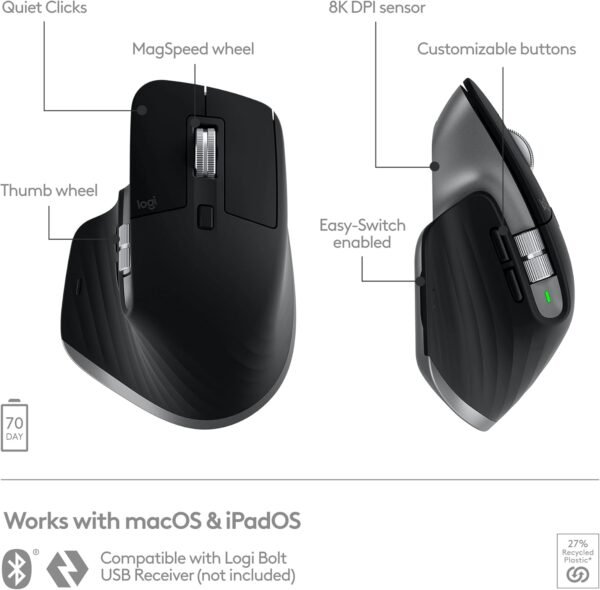Logitech MX Master 3S for Mac - Wireless Bluetooth Mouse with Ultra-Fast Scrolling, Ergo, 8K DPI, Quiet Clicks, Track on Glass, Customization, USB-C, Apple, iPad - Space Grey - Image 2
