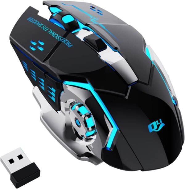 QELIROKY QV13 New 2.4G Wireless Rechargeable Gaming Mouse Silent Click with 6 Buttons, 3 Adjustable Levels DPI , Colorful LED Lights for Laptop, iPad, MacOS, PC, Windows, Android (Black)