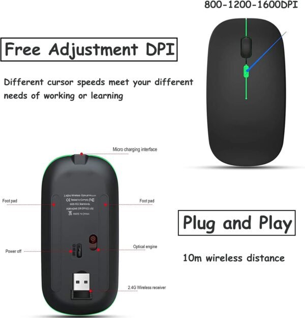 GeekerChip LED Wireless Mouse,Rechargeable Silent 2.4G Wireless Computer Mouse with USB Receiver,Untra Thin RGB Backlit Cordless Mice for Laptop,Tablet - Image 4