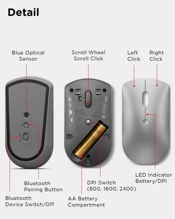 Lenovo 600 Bluetooth Silent Mouse, Blue Optical Sensor, Adjustable DPI, 4 Button, Microsoft Swift Pair, Windows, Chrome, GY50X88832, Gray - Image 3