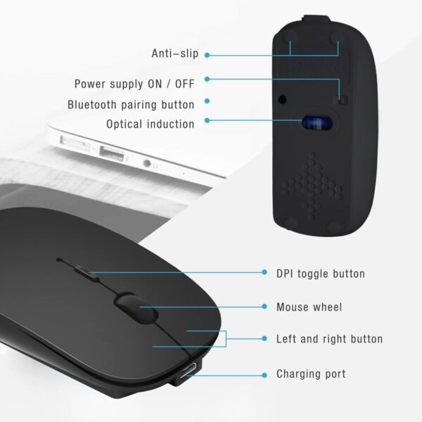 Generic Bluetooth Mouse for Laptop/iPad/iPhone/Mac (iOS 13.1.2 and Above)/Android PC, USB Rechargeable Slim Wireless Mouse Compatible with Windows/Linux/Notebook/Mac/MacBook Air, Black - Image 3