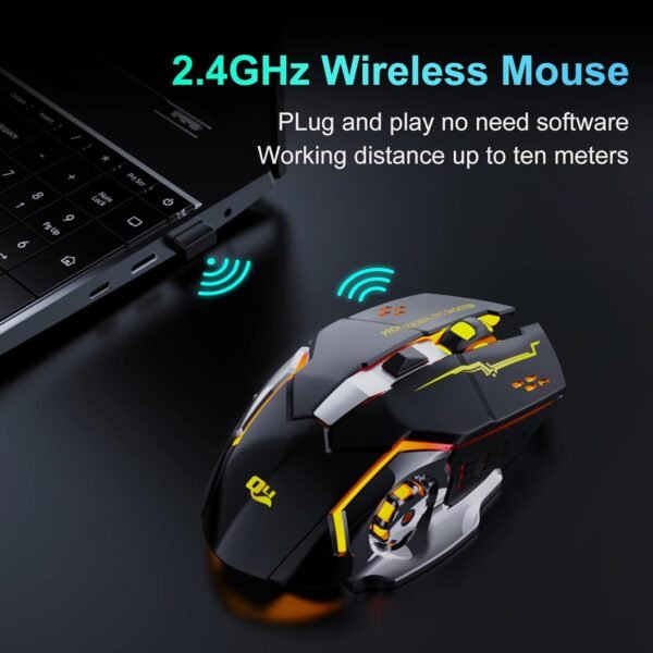QELIROKY QV13 New 2.4G Wireless Rechargeable Gaming Mouse Silent Click with 6 Buttons, 3 Adjustable Levels DPI , Colorful LED Lights for Laptop, iPad, MacOS, PC, Windows, Android (Black) - Image 2
