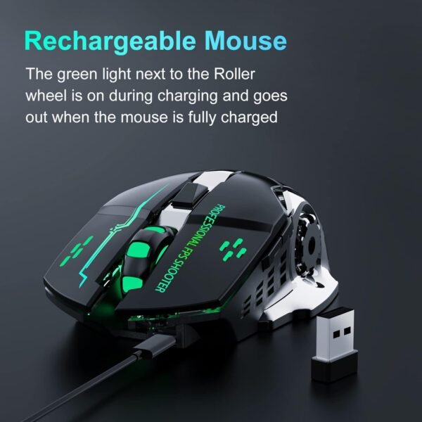 QELIROKY QV13 New 2.4G Wireless Rechargeable Gaming Mouse Silent Click with 6 Buttons, 3 Adjustable Levels DPI , Colorful LED Lights for Laptop, iPad, MacOS, PC, Windows, Android (Black) - Image 3
