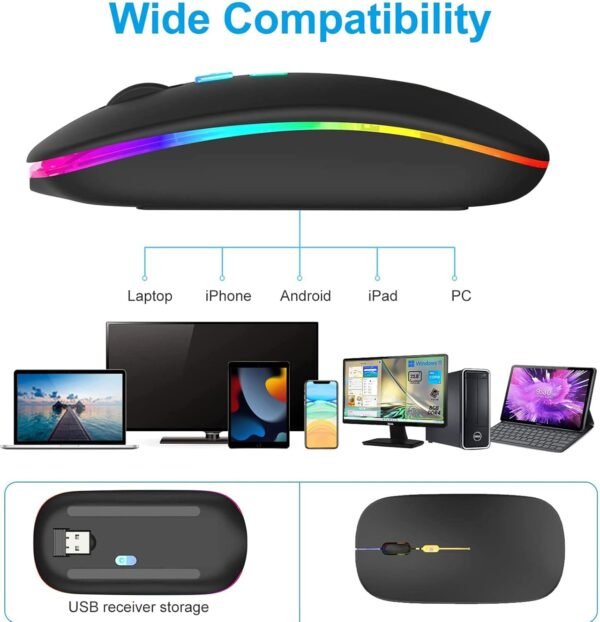Wireless Rechargeable Mouse - 7 Colours Backlit Mouse with USB Receiver and Bluetooth 5.0 Wireless Mouse for Laptop, PC, Macbook, Notebook, Tablet, Black - Image 2