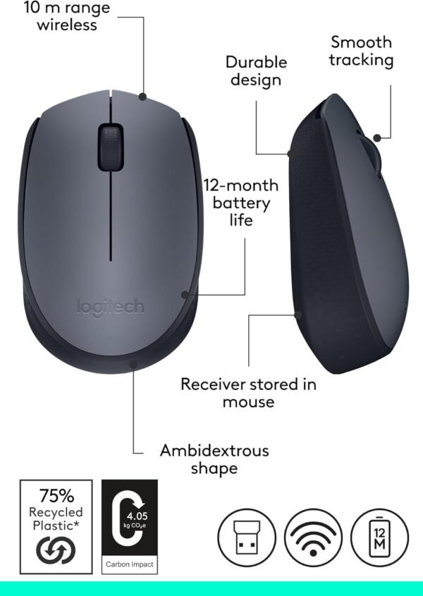 Logitech M170 Wireless Mouse, 2.4 GHz with USB Mini Receiver, Optical Tracking, 12-Months Battery Life, Ambidextrous PC/Mac/Laptop - Grey/Black - Image 4