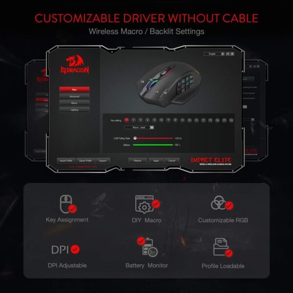 Redragon M913 Impact Elite Wireless Gaming Mouse, 16000 DPI Wired/Wireless RGB Gamer Mouse with 16 Programmable Buttons, 45 Hr Battery and Pro Optical Sensor, 12 Side Buttons MMO Mouse - Black - Image 4