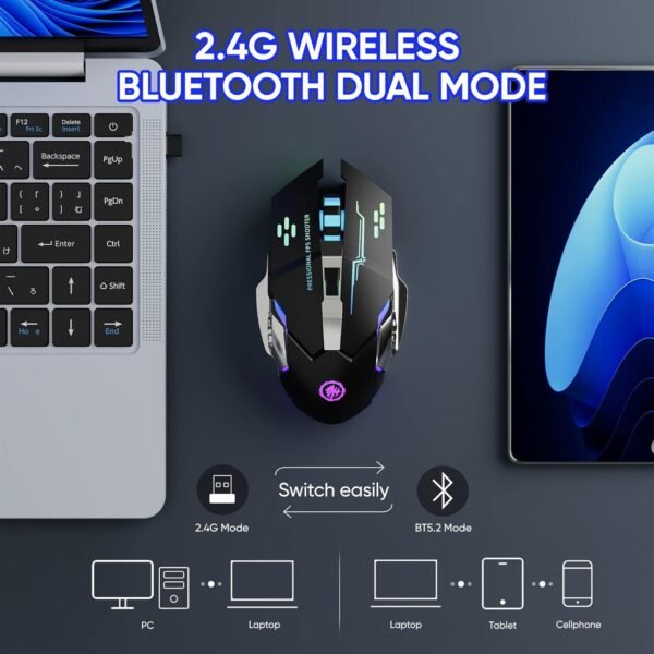 MELOGAGA Wireless Gaming Mouse Bluetooth Mouse RGB Rechargeable 2.4G USB Cordless Computer Mice with 7 Color Backlit, 6 Buttons & Silent Click for Laptop, iPad, Mac OS, PC, Windows -Black - Image 2