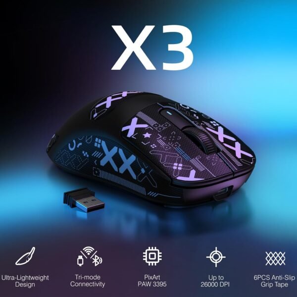 MANBASNAKE Wireless Gaming Mouse + Griptape, 49g Triple Mode Ergonomic Computer Mouse, PAW3395 26K DPI Sensor, 200h Battery Life, Programmable Buttons, Gaming Accessories for PC/Laptop/Mac - Black - Image 2