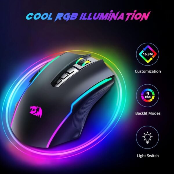 Redragon M910-KS Ranger Lite Wireless Gaming Mouse 8000 DPI, PC Gaming Mice with Fire Button, RGB Backlit Programmable Ergonomic Mouse Gamer, Rechargeable, 70Hrs for Windows, Mac Gamer, Black - Image 2