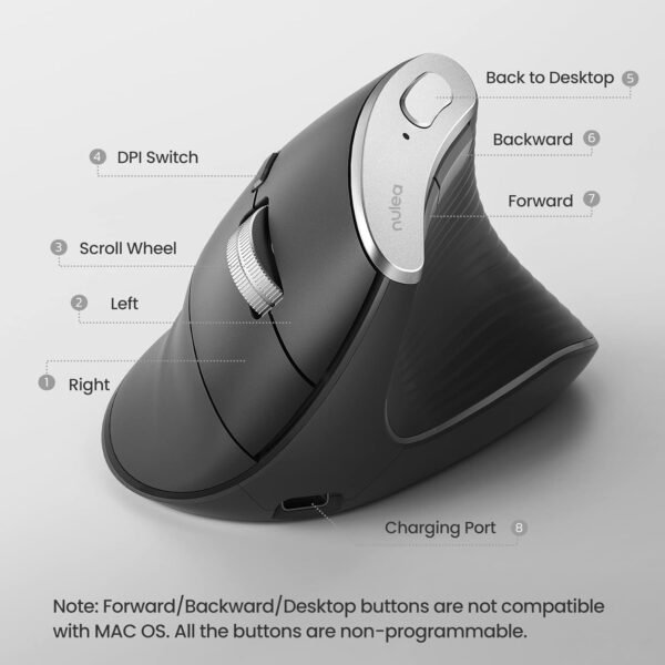 Nulea M502 Wireless Vertical Mouse, Advanced Ergonomic Mouse Reduces Muscle Strain, 2400 DPI, USB C Rechargeable, 3 Device Connection (Bluetooth or USB), Compatible for PC, Laptop, iPad, Mac, Windows. - Image 2