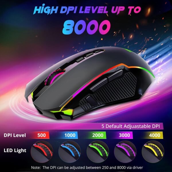 Redragon M910-KS Ranger Lite Wireless Gaming Mouse 8000 DPI, PC Gaming Mice with Fire Button, RGB Backlit Programmable Ergonomic Mouse Gamer, Rechargeable, 70Hrs for Windows, Mac Gamer, Black - Image 3