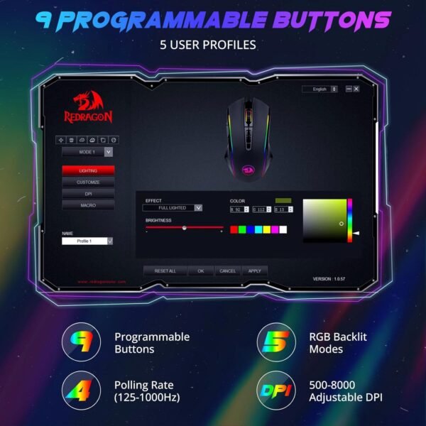 Redragon Gaming Mouse, RGB Gaming Mouse Wired with 9 Programmable Macro Buttons, Chroma RGB Backlit, 8000 DPI Adjustable, PC Gaming Mice with Fire Button for Windows/Mac, Black, M910-K
Brand: Redragon - Image 3