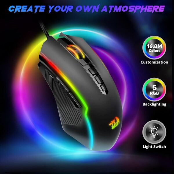 Redragon Gaming Mouse, RGB Gaming Mouse Wired with 9 Programmable Macro Buttons, Chroma RGB Backlit, 8000 DPI Adjustable, PC Gaming Mice with Fire Button for Windows/Mac, Black, M910-K
Brand: Redragon - Image 2
