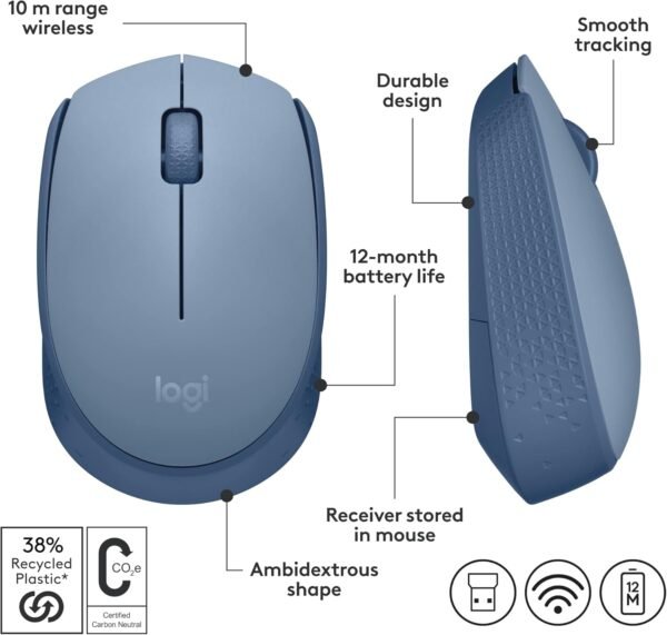 Logitech M171 Wireless Mouse for PC, Mac, Laptop, 2.4 GHz with USB Mini Receiver, Optical Tracking, Ambidextrous - Blue Grey - Image 2