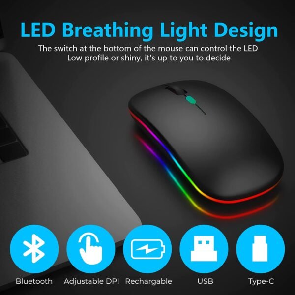 Wireless Mouse for Laptop With 2 USB A to USB C Adapter, 2.4GHZ Bluetooth Mouse Rechargeable, Laptop Mouse Computer Accessories, USB Mouse 3 Buttons-Laptop Mouse Wireless PC Mouse 800 to 2400 Dpi - Image 2