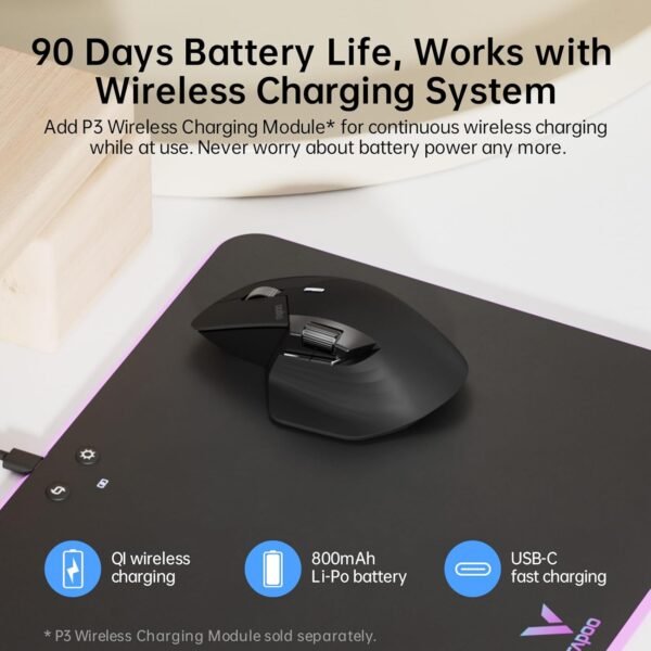 Rapoo MT760 Multi-Device Wireless Mouse, Bluetooth 5.0/3.0 and 2.4GHz Tri-Mode Connection, Up to 4 Devices, 11 Programmable Buttons, 4K DPI, Ergonomic Design, 90 Days Battery Life, PC, Matte Black - Image 2